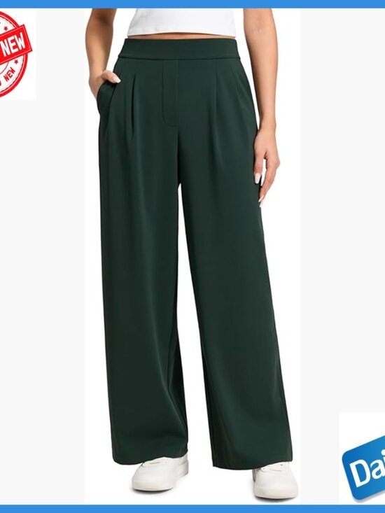 Pants - 29" Wide Leg Work Pants with Pockets, 4-Way Stretch Business Casual